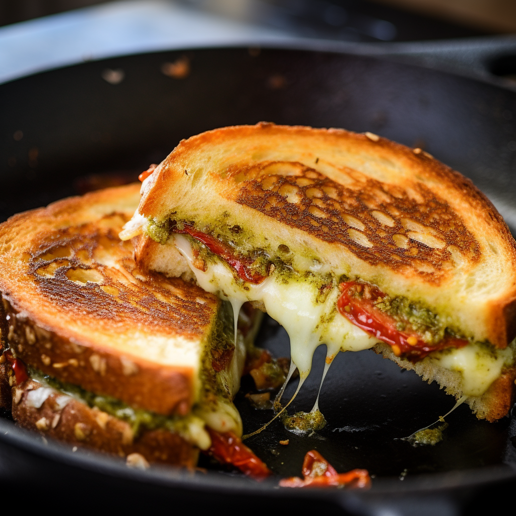 Pesto and Sun-Dried Tomato Grilled Cheese Sandwich cooking