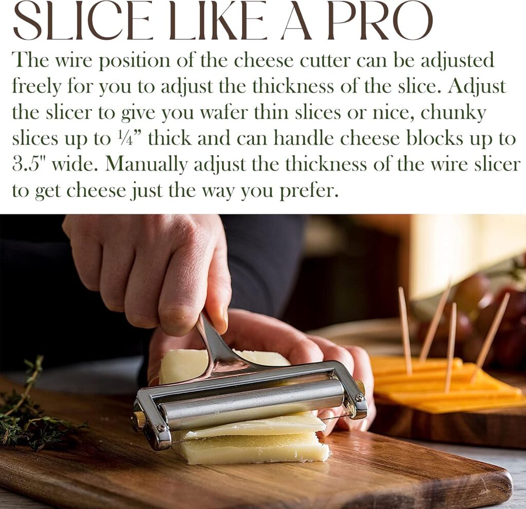 Bellemain Stainless Steel Wire Cheese Slicer - Hand Held Cheese Cutter for Cheddar, Gruyere, Raclette, Mozzarella Cheese Block, Adjustable Cheese Shaver, Thick  Thin Slicer, Cheese Curler (Silver)