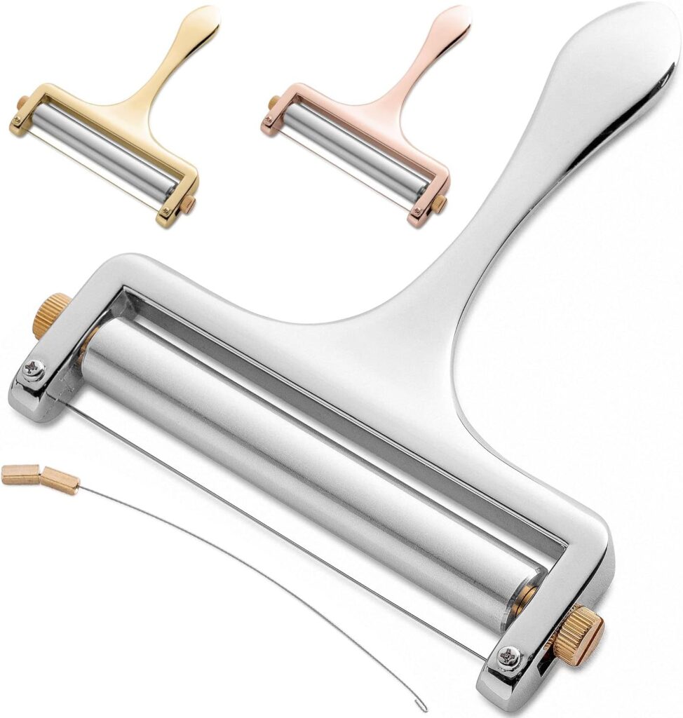 Bellemain Stainless Steel Wire Cheese Slicer - Hand Held Cheese Cutter for Cheddar, Gruyere, Raclette, Mozzarella Cheese Block, Adjustable Cheese Shaver, Thick  Thin Slicer, Cheese Curler (Silver)