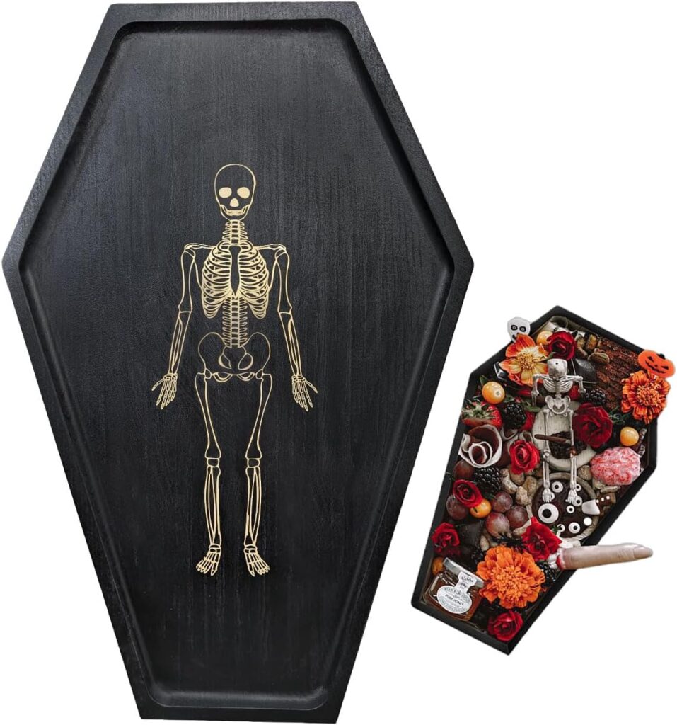 Coffin Charcuterie Board, Gothic Coffin Tray with Engraved Skeleton - Goth Home Decor Essentials Accessories