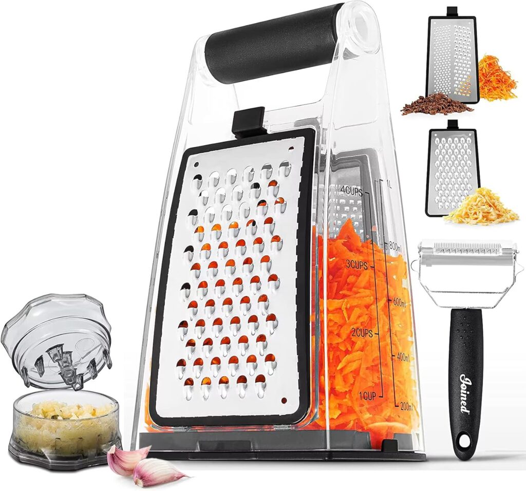 Joined Cheese Grater with Container - Box Grater Cheese Shredder Lemon Zester Grater - Cheese Grater with Handle - Graters for Kitchen Stainless Steel Food Grater - Hand Grater and Vegetable Peeler
