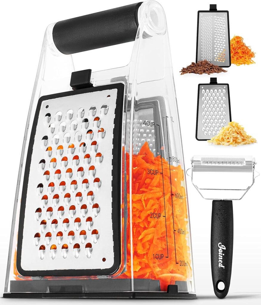 Joined Cheese Grater with Container - Box Grater Cheese Shredder Lemon Zester Grater - Cheese Grater with Handle - Graters for Kitchen Stainless Steel Food Grater - Hand Grater and Vegetable Peeler