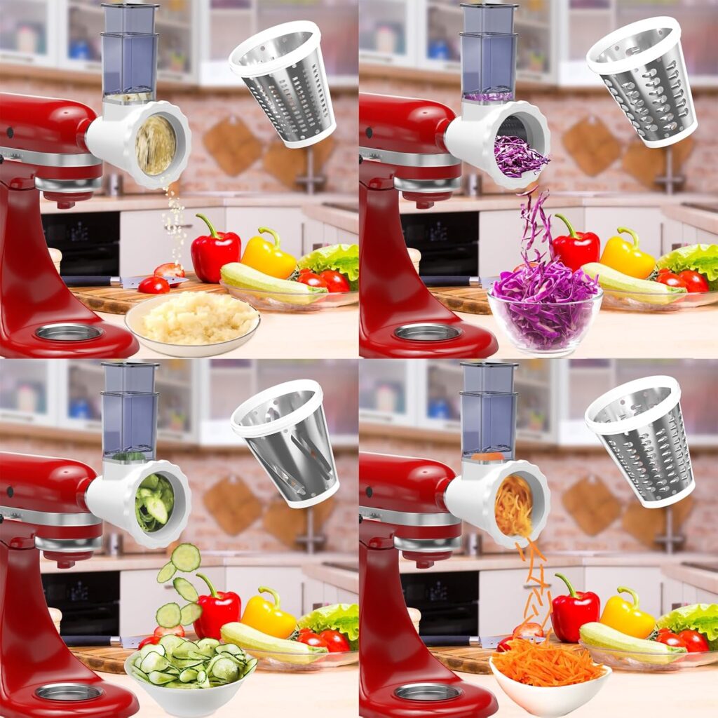 Cheese Slicer Shredder Attachments for KitchenAid Stand Mixers, Food Slicers Cheese Grater Attachment, Salad Maker Accessory Vegetable Chopper with 4 Blades Dishwasher Safe-Upgraded Version