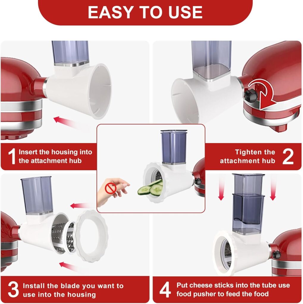 Cheese Slicer Shredder Attachments for KitchenAid Stand Mixers, Food Slicers Cheese Grater Attachment, Salad Maker Accessory Vegetable Chopper with 4 Blades Dishwasher Safe-Upgraded Version