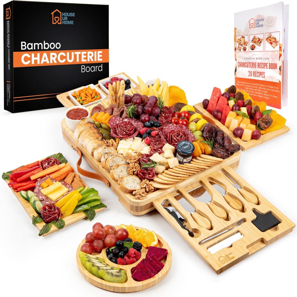 Large Bamboo Charcuterie Boards Gift Set with 4 Hidden Drawers, Cheese Knives, Ceramic Bowls  Plates, Recipe Book, Perfect House Warming Gifts New Home
