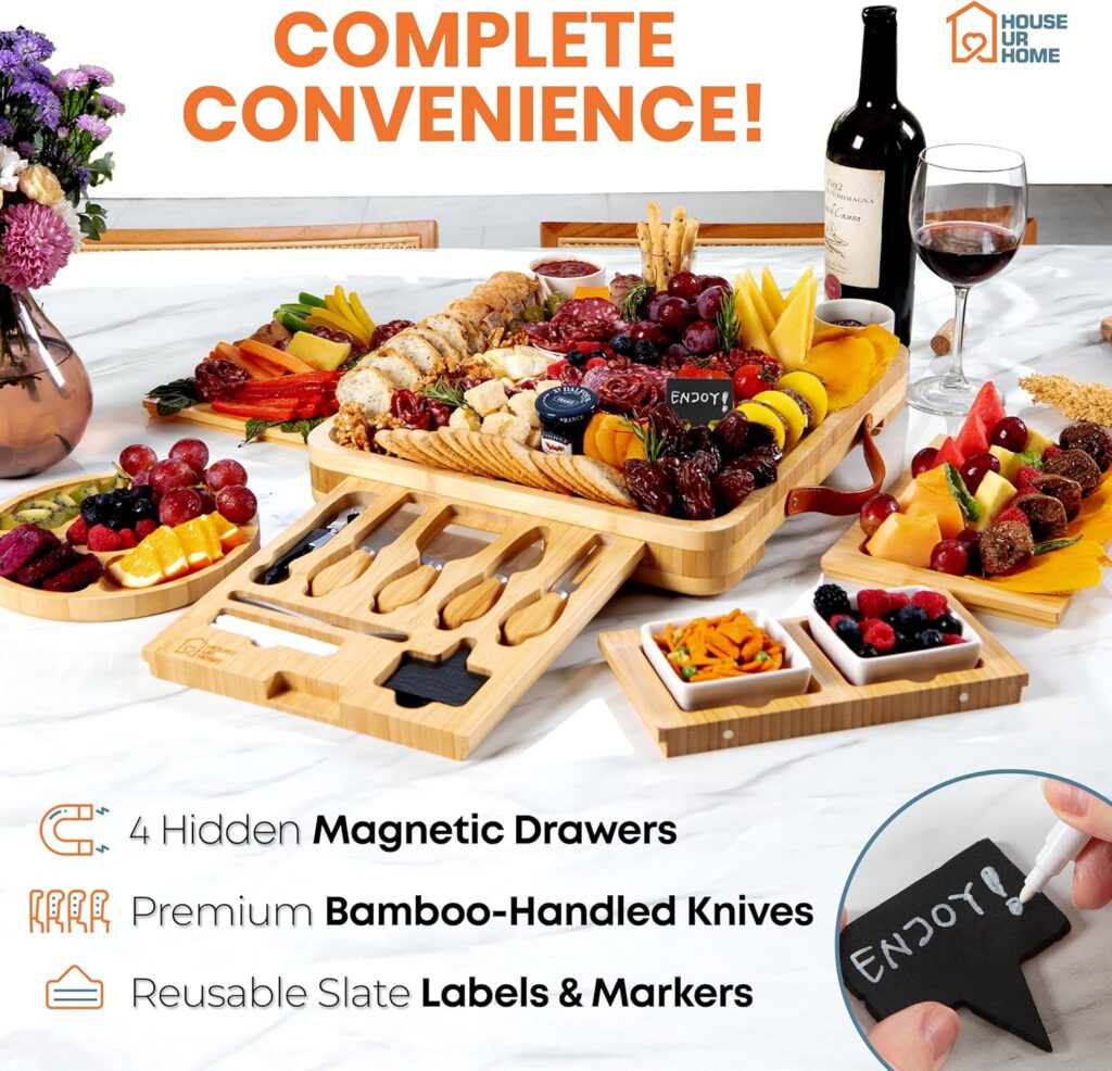 Large Bamboo Charcuterie Boards Gift Set with 4 Hidden Drawers, Cheese Knives, Ceramic Bowls  Plates, Recipe Book, Perfect House Warming Gifts New Home