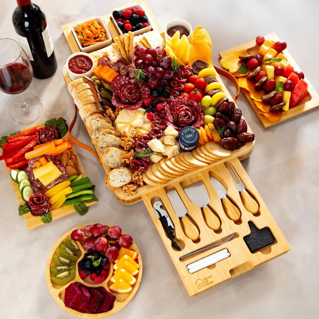 Large Bamboo Charcuterie Boards Gift Set with 4 Hidden Drawers, Cheese Knives, Ceramic Bowls  Plates, Recipe Book, Perfect House Warming Gifts New Home